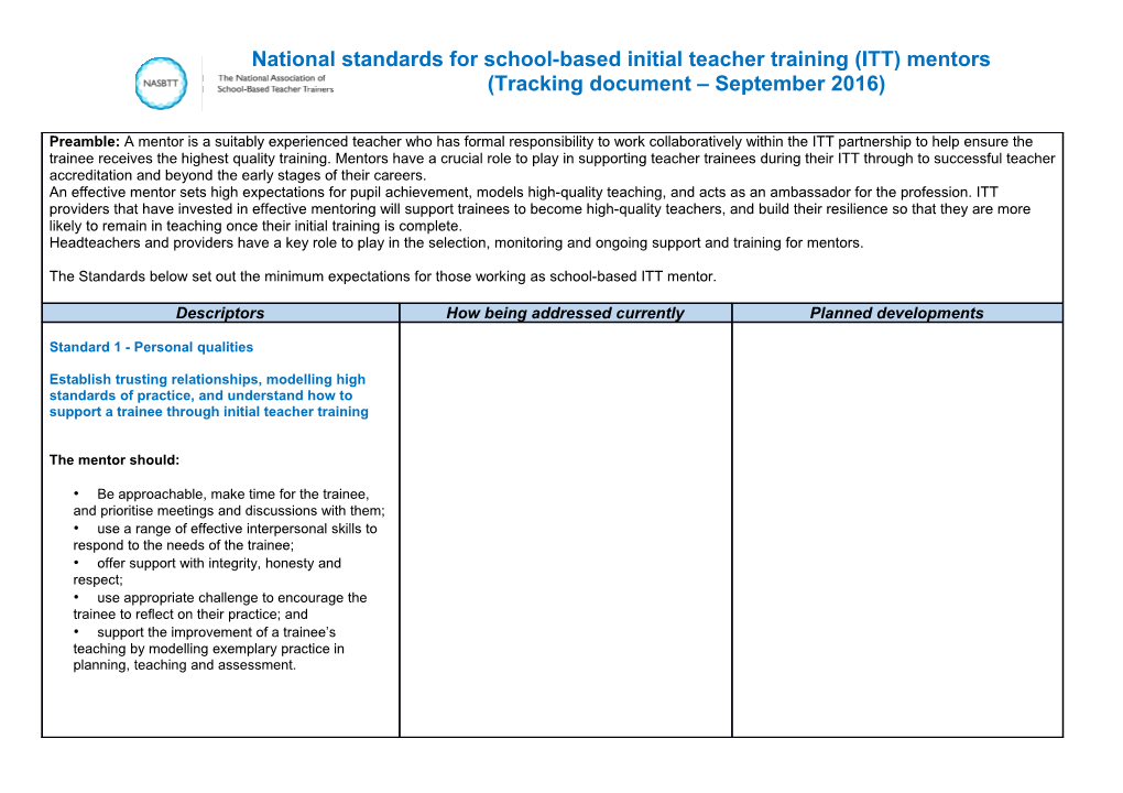 National Standards for School-Based Initial Teacher Training (ITT) Mentors (Tracking Document