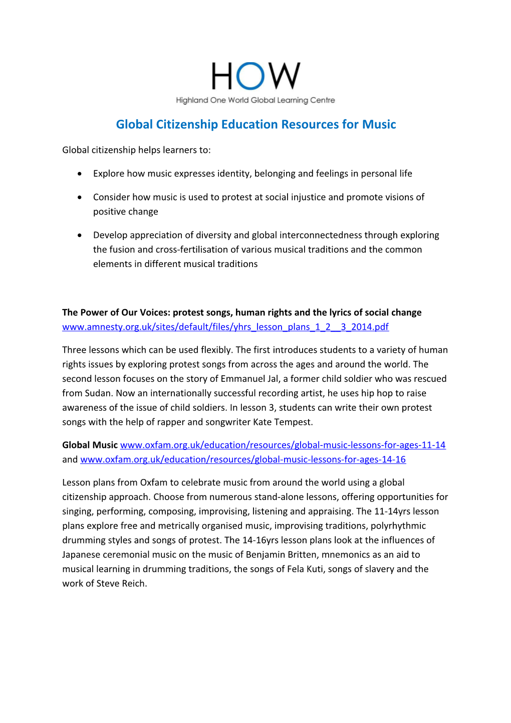 Global Citizenship Education Resources for Music