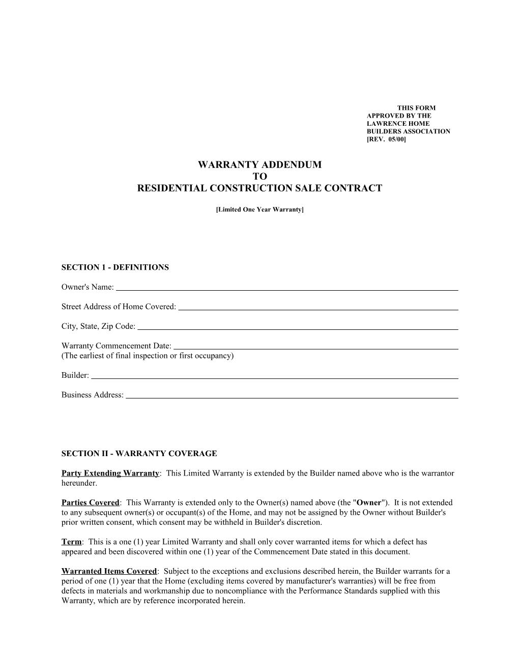 This Form Approved by the Lawrence Home Builders Association Rev. 05/00