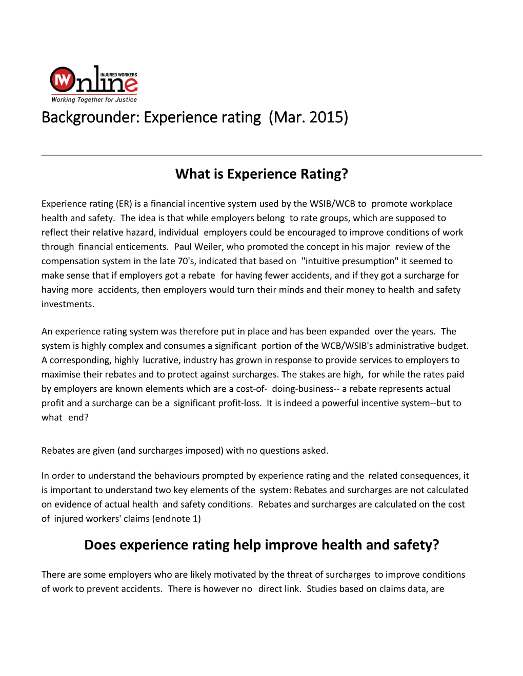 Backgrounder: Experience Rating (Mar. 2015)