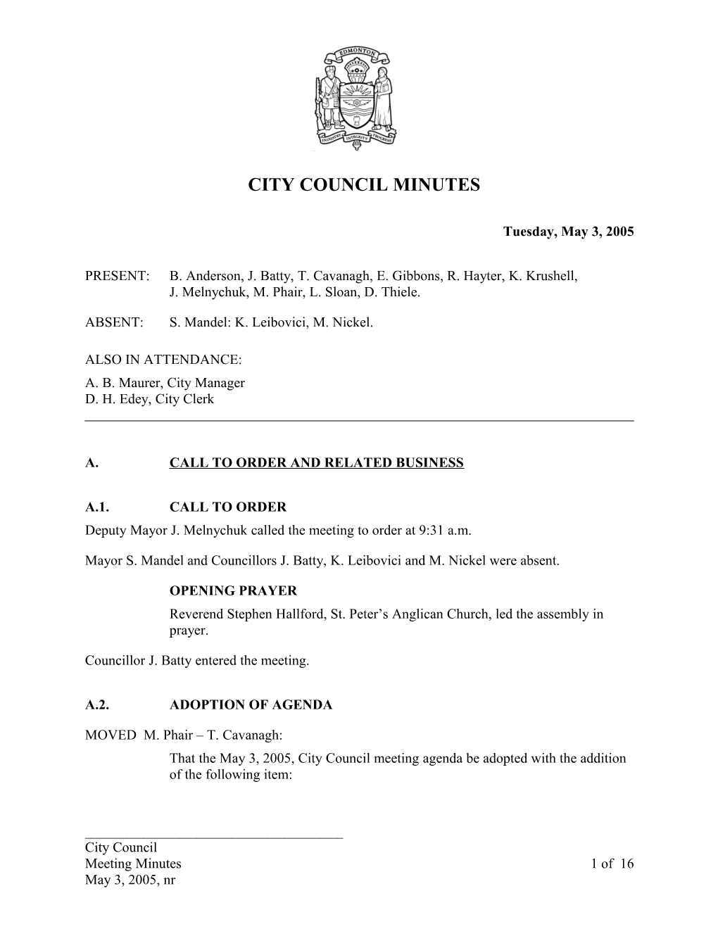 Minutes for City Council May 3, 2005 Meeting