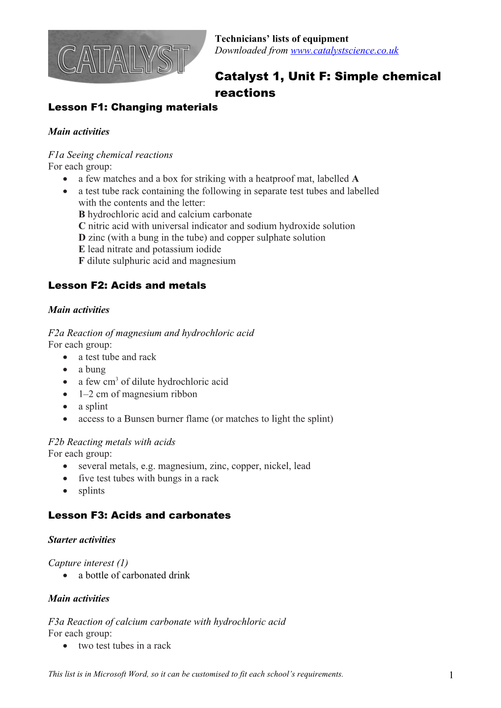 Unit F: Simple Chemical Reactions