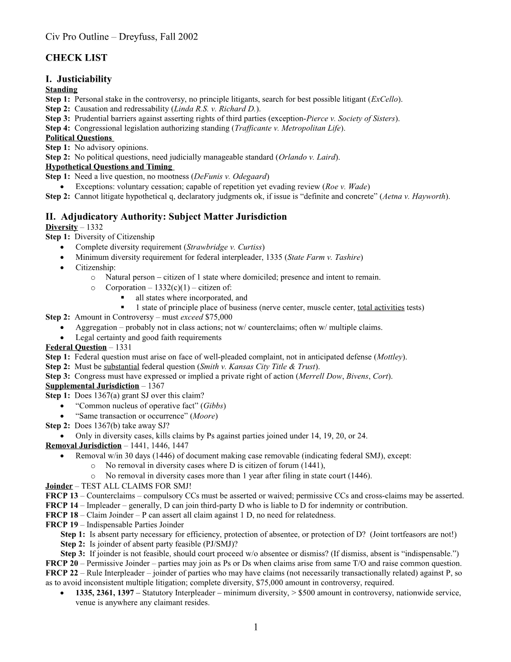 Civ Pro Outline Dreyfuss, Fall 2002