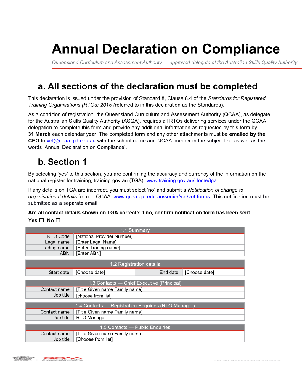 VET: Annual Declaration on Compliance