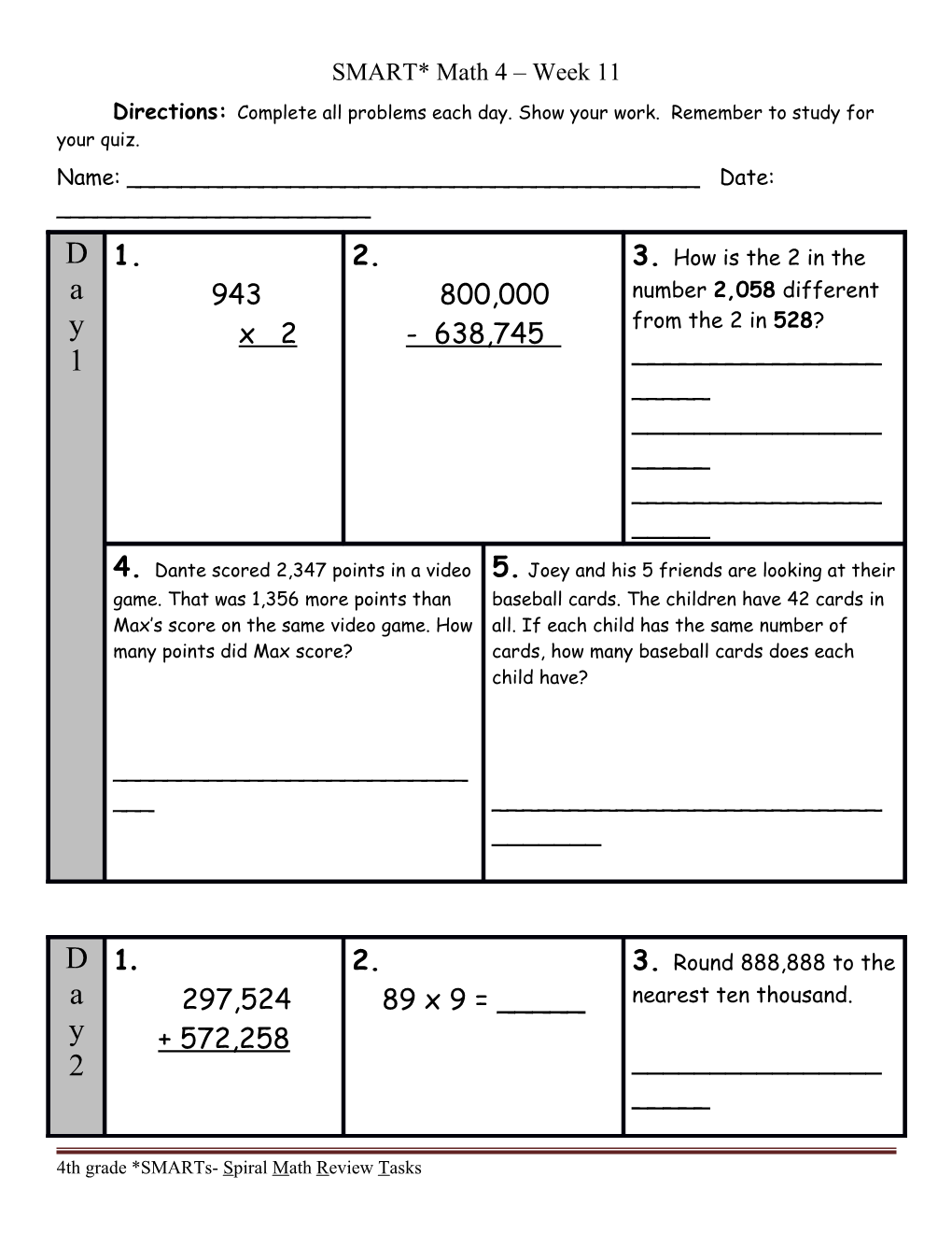 4Th Grade Daily SMARTS (Spiral Math Review Tasks) Week 11