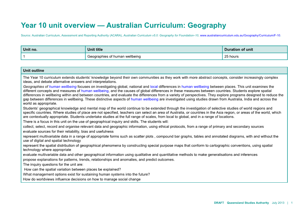 Year 10 Unit Overview Australian Curriculum: Geography