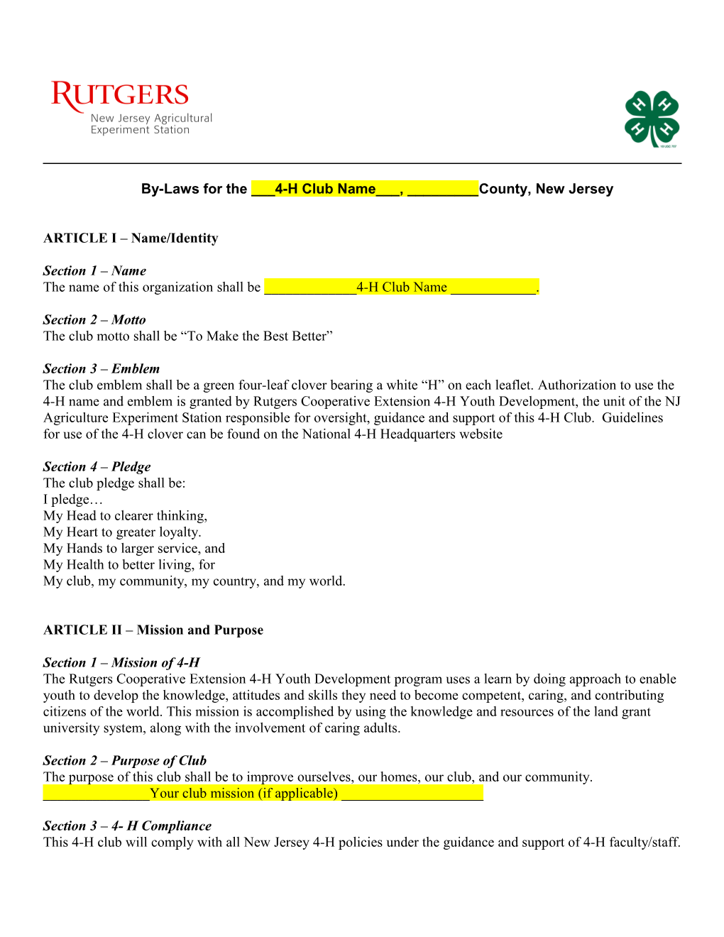 Constitution for the ______ 4-H Club, Burlington County New Jersey