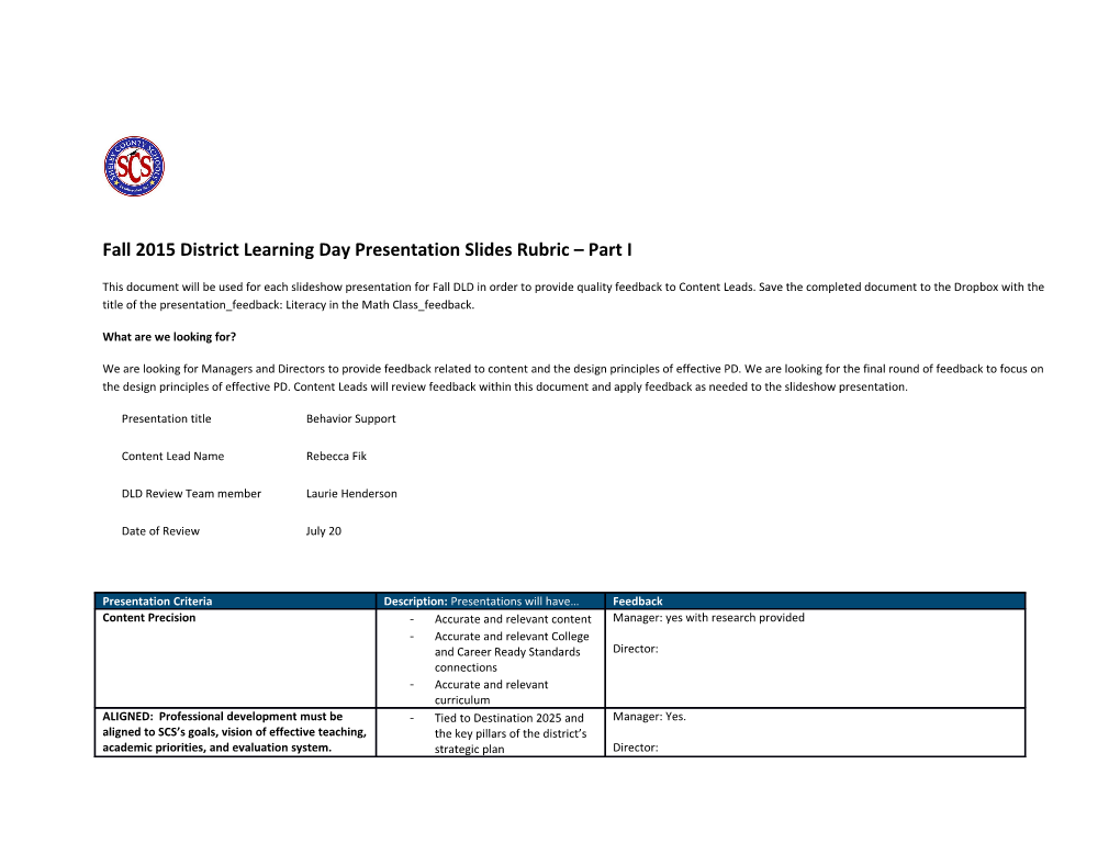 Fall 2015 District Learning Day Presentation Slides Rubric Part I