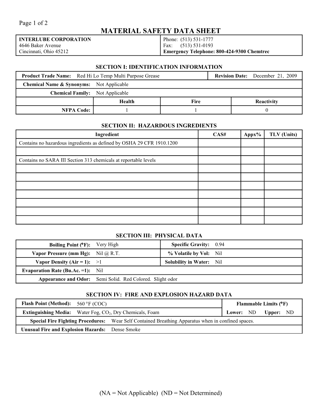 Section I: Identification and Emergency Information