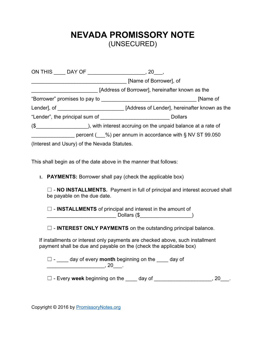 Nevada Unsecured Promissory Note