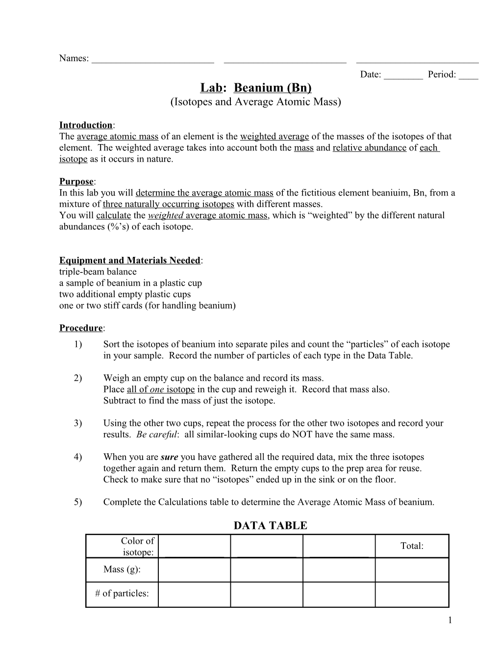 Chemistry Lab: Isotopes and Atomic Mass