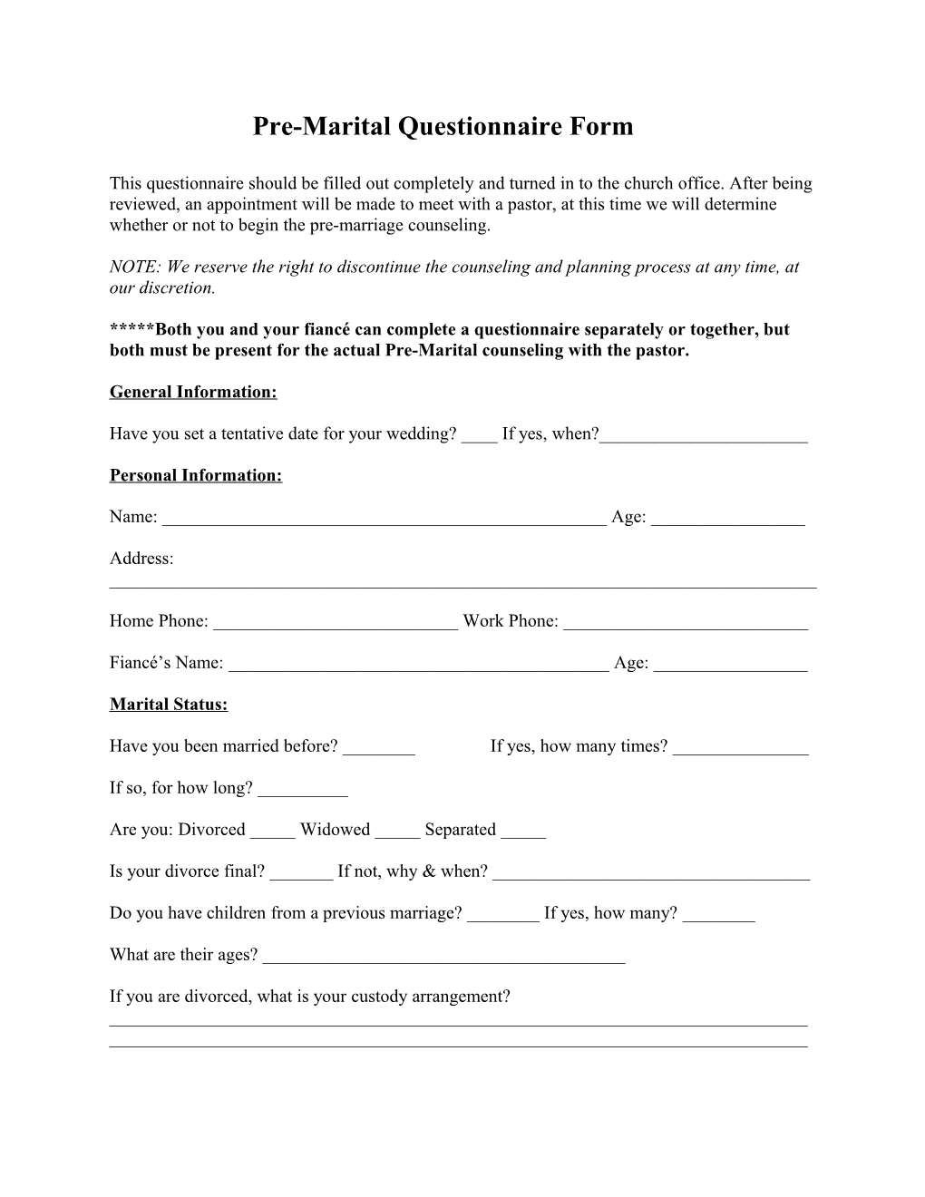 Pre-Marital Questionnaire Form