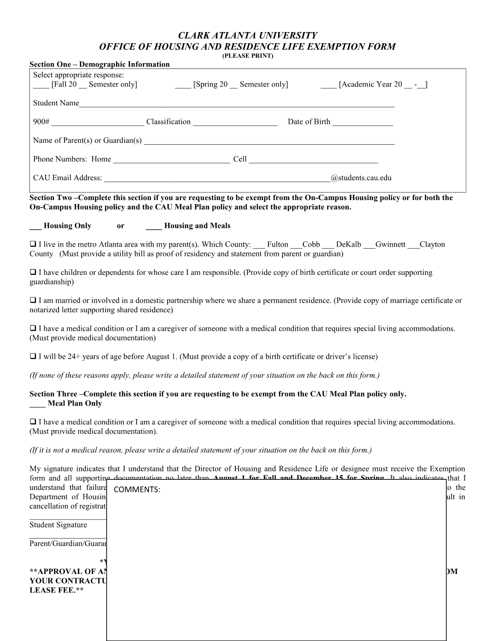 Office of Housing and Residence Lifeexemption Form