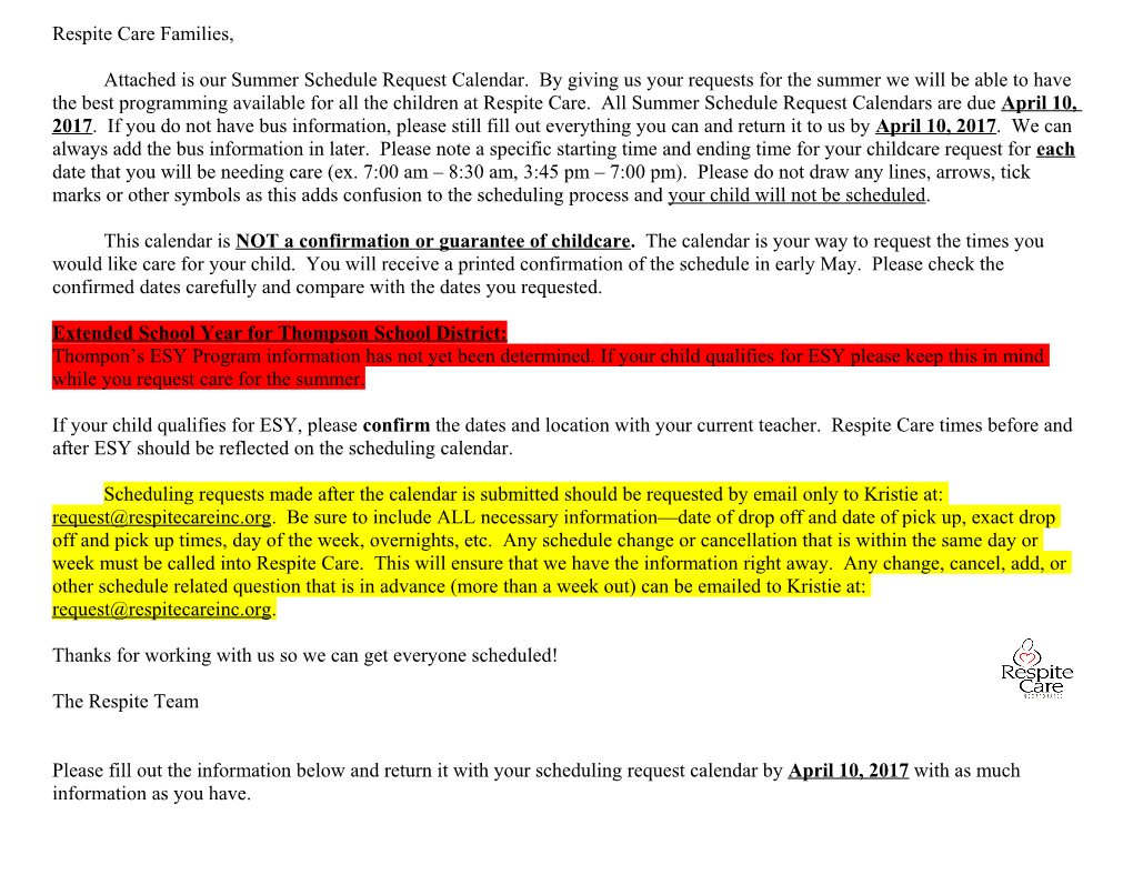 Child S Name: ______Schedule Request for Respite Care Thompson School District