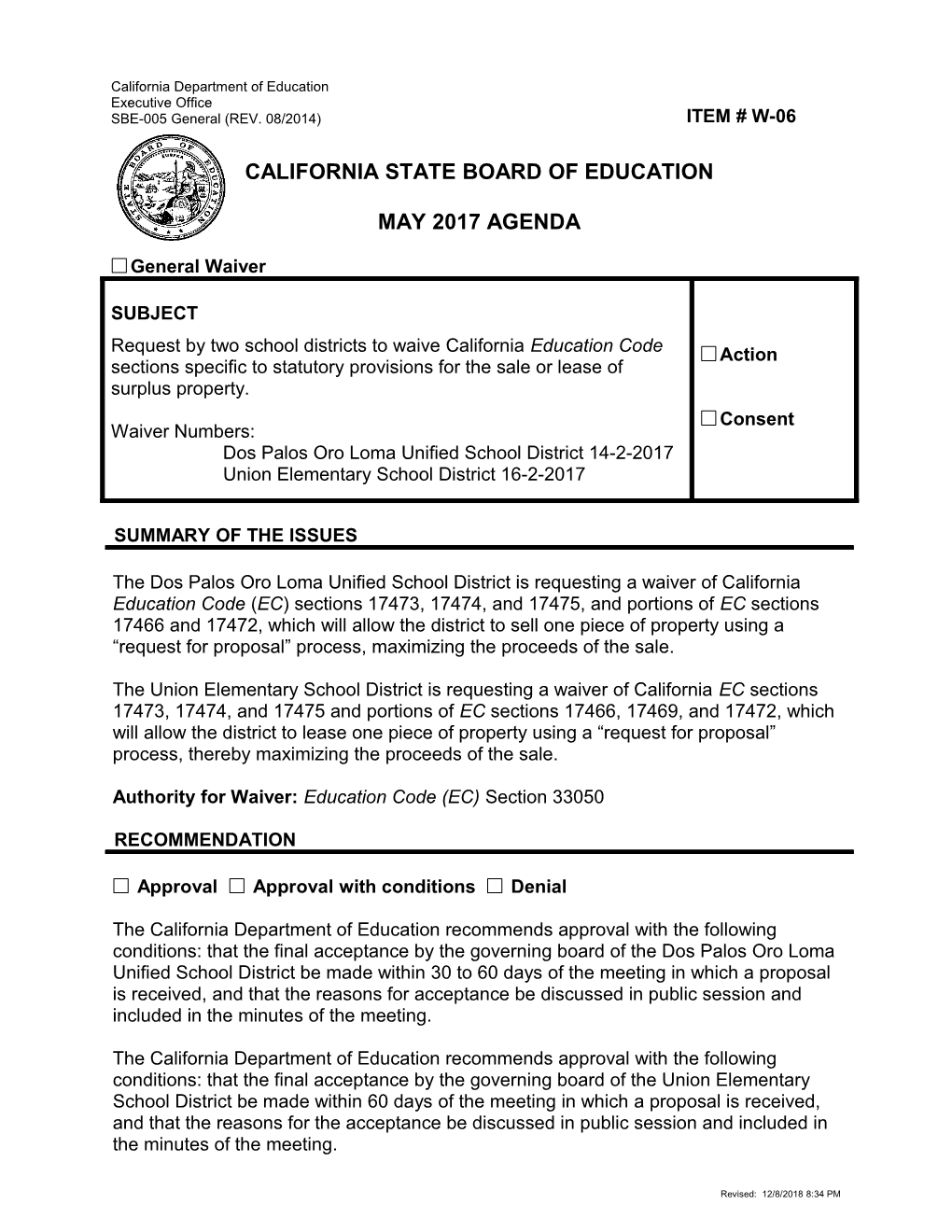 May 2017 Agenda Item W-06 - Meeting Agendas (CA State Board of Education)