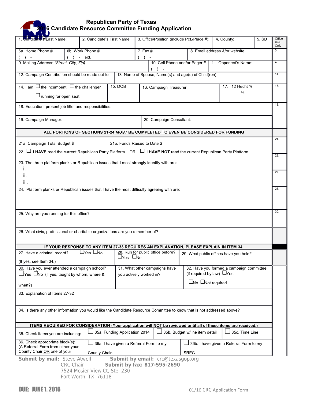 2016 Candidate Resource Committee Funding Application