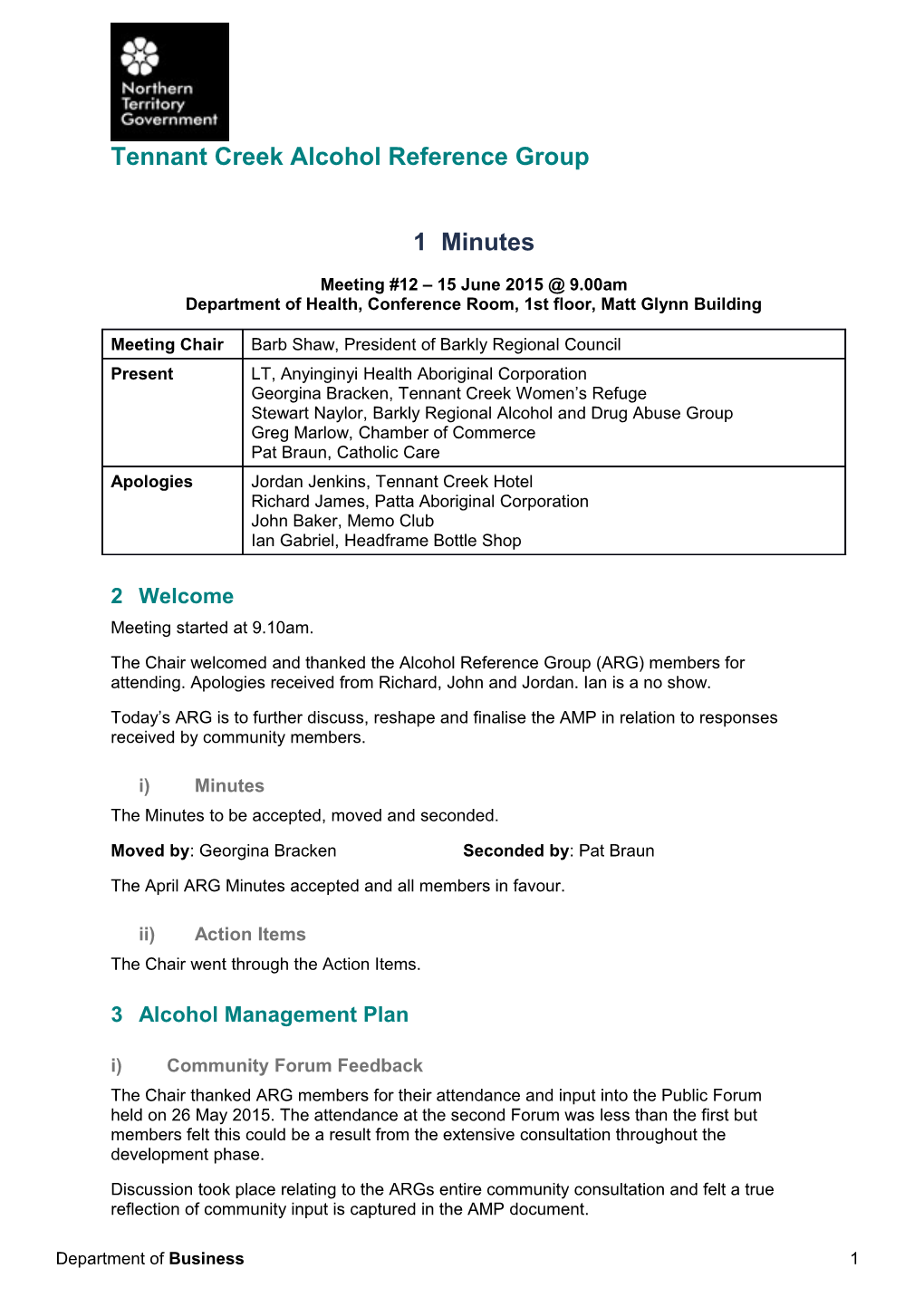 09 Tennant Creek Alcohol Reference Group - Meeting 12 Minutes 15 June 2015