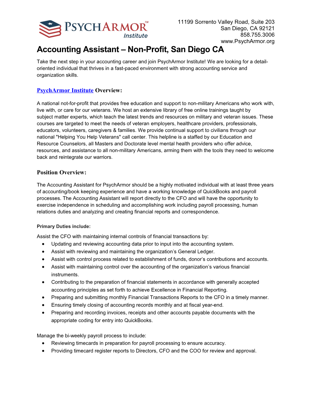 Accounting Assistant Non-Profit, San Diego CA