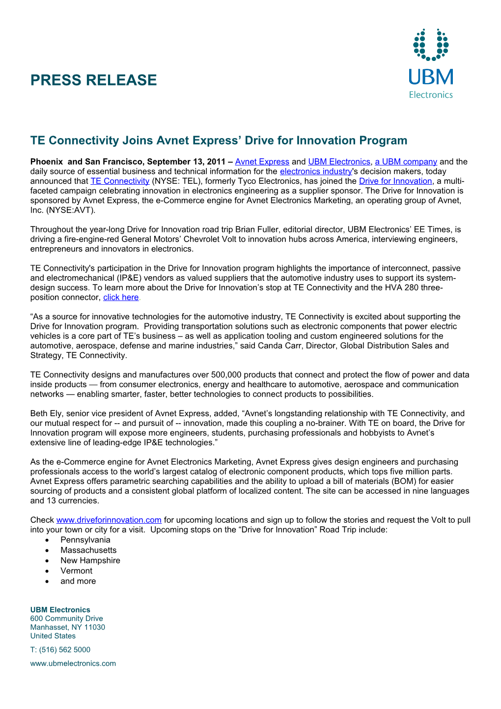 TE Connectivity Joins Avnet Express Drive for Innovation Program