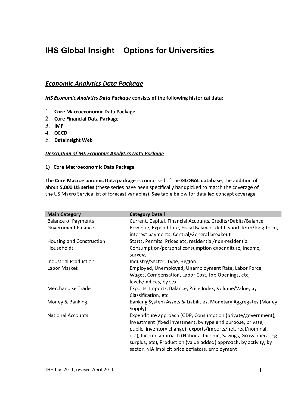 IHS Global Insight Options for Universities