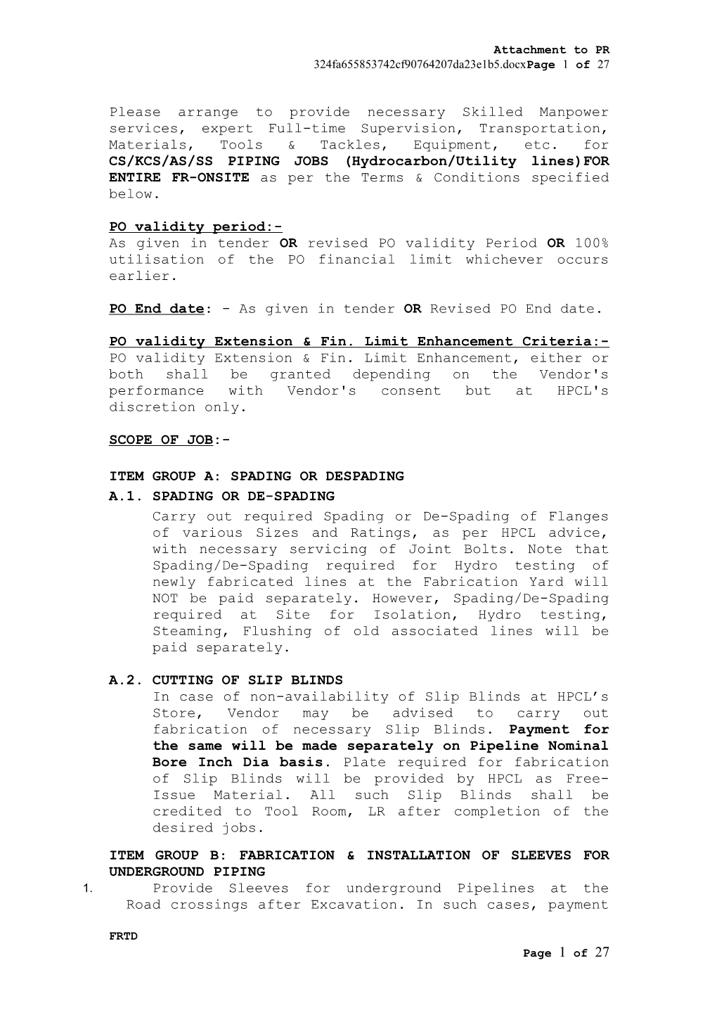 Standing Order for Replacement/ Modification of Existing Piping, on Weld Joint Basis And