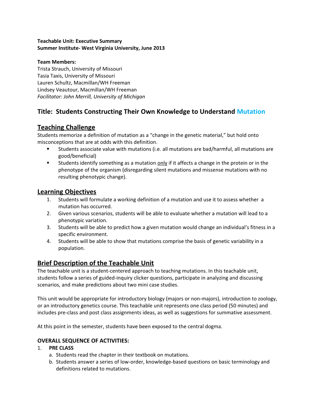 Teachable Unit: Executive Summary