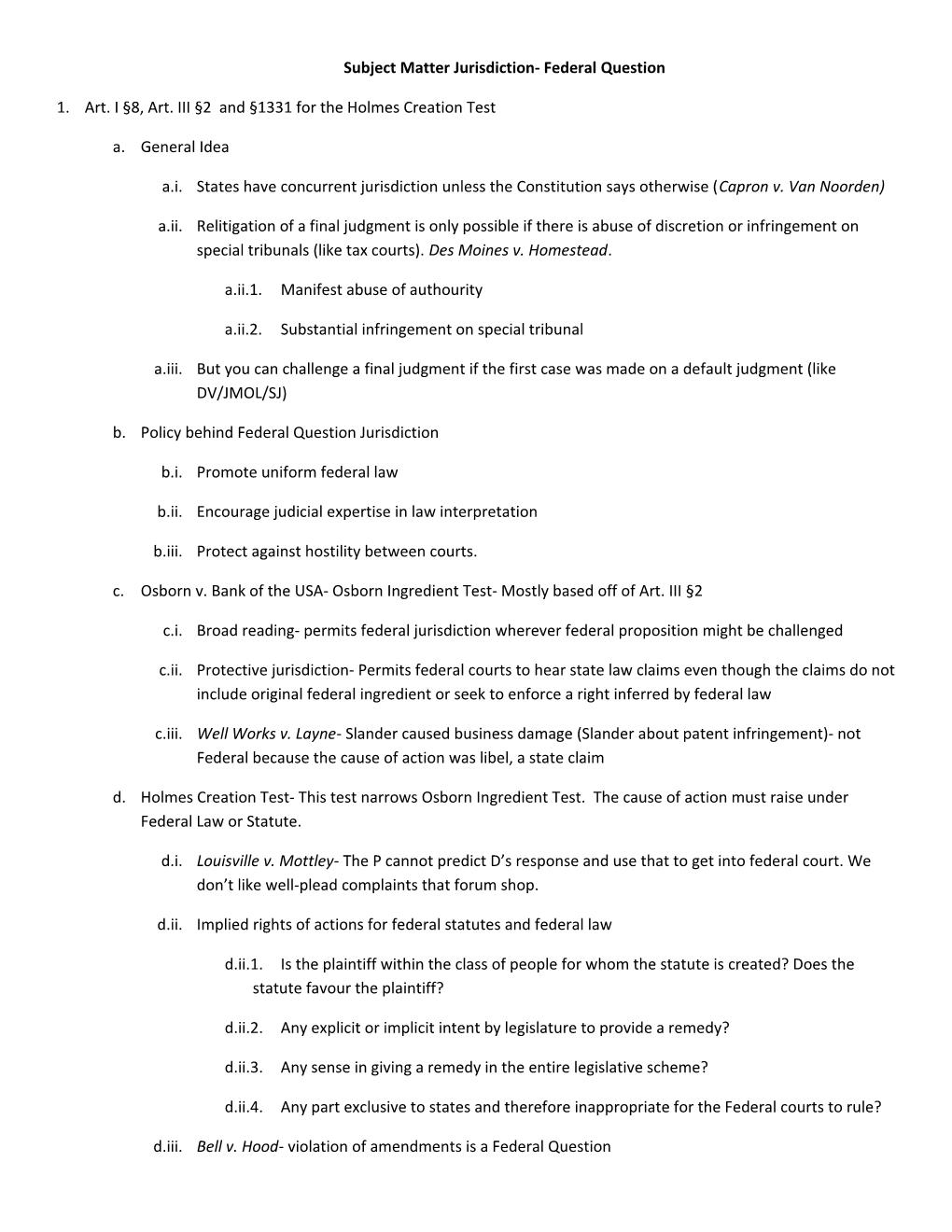 Subject Matter Jurisdiction- Federal Question