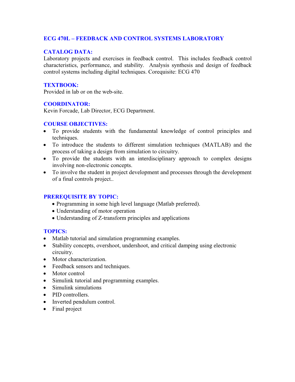 ECG 470L Feedback and Control Systems Laboratory