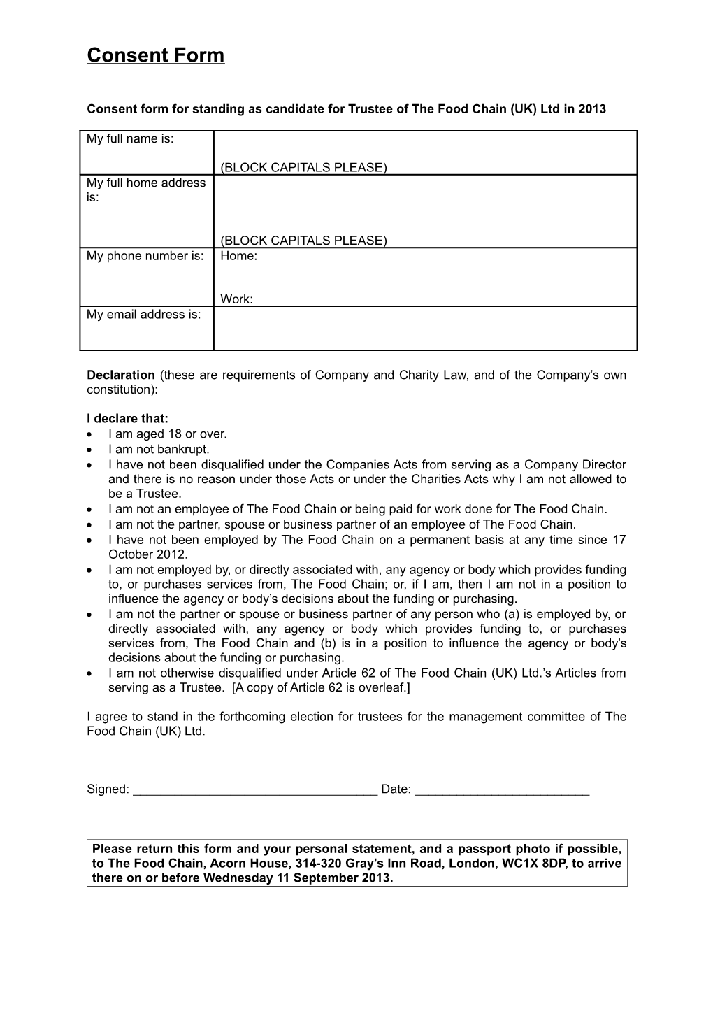 Consent Form for Standing As Trustee of the Food Chain (Uk) Ltd in 2003