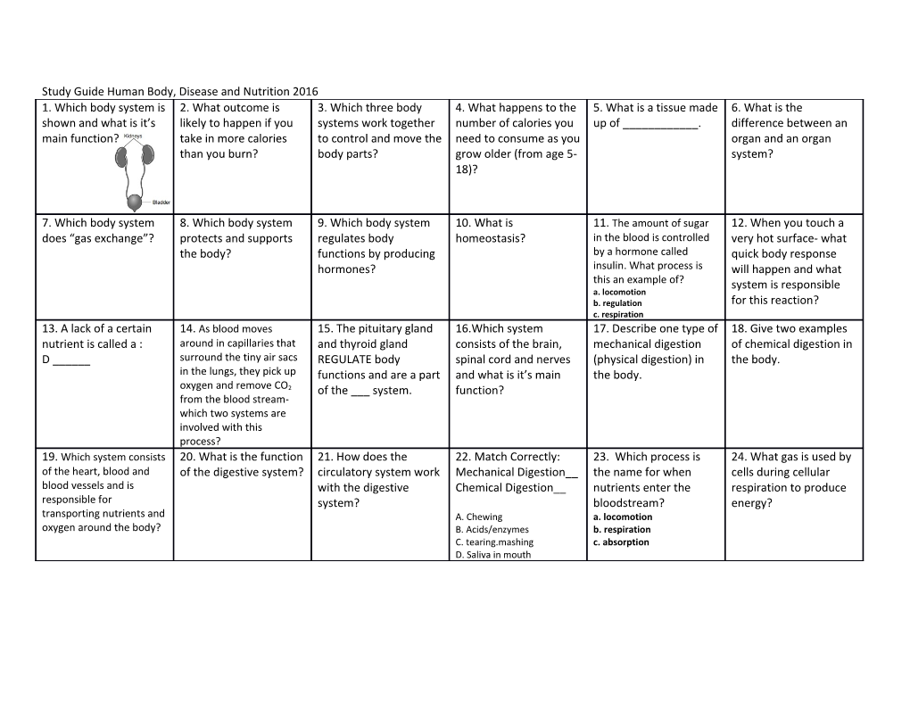 Study Guide Human Body, Disease and Nutrition 2016