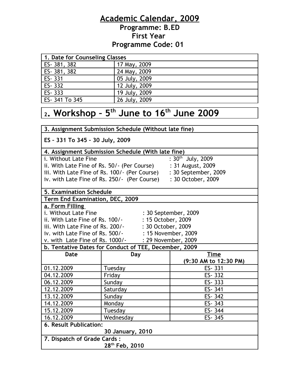 Academic Calendar, 2009