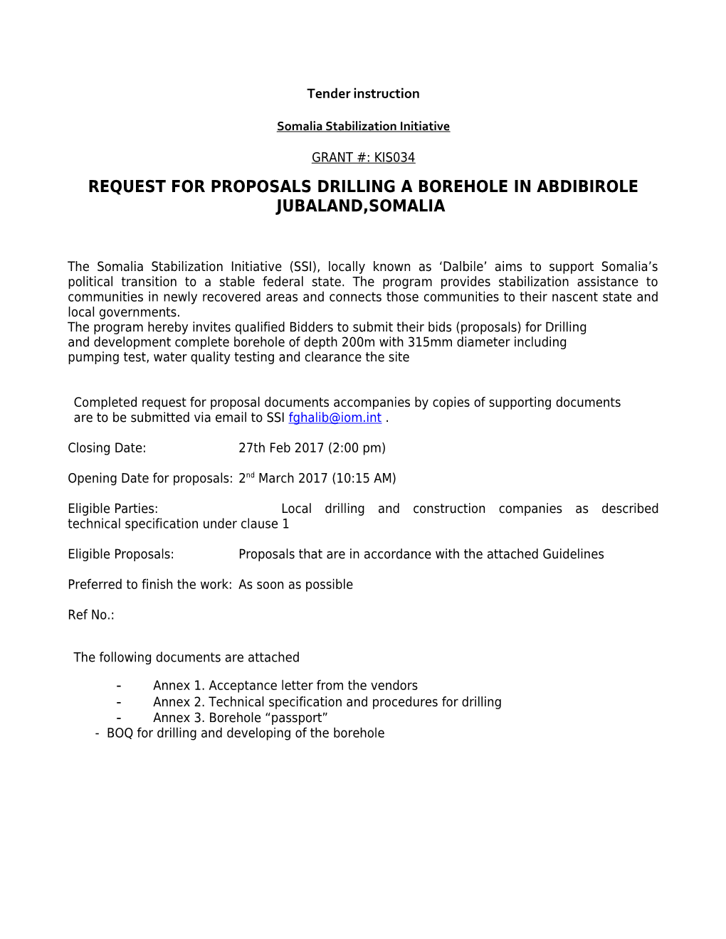 Request for Proposals Drilling a Borehole in Abdibirole Jubaland,Somalia