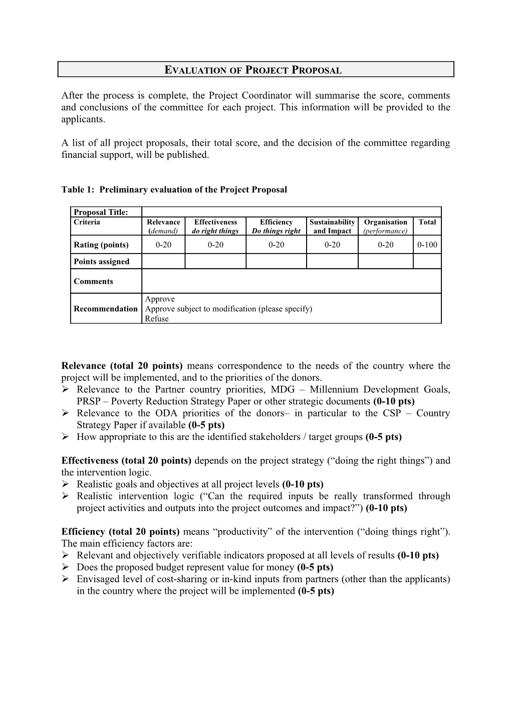 Appraisal Criteria for Project Proposals