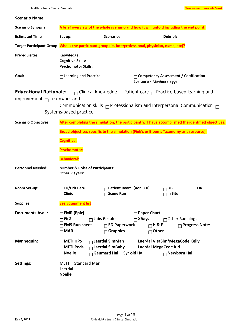 Healthpartners Clinical Simulation Class Name Module/Sim