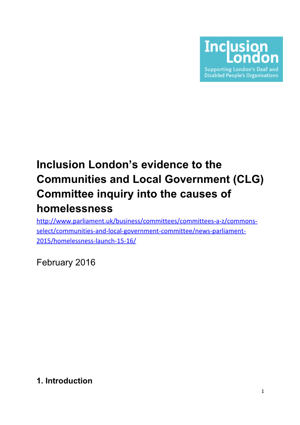 Inclusion London S Evidence to the Communities and Local Government (CLG) Committee Inquiry