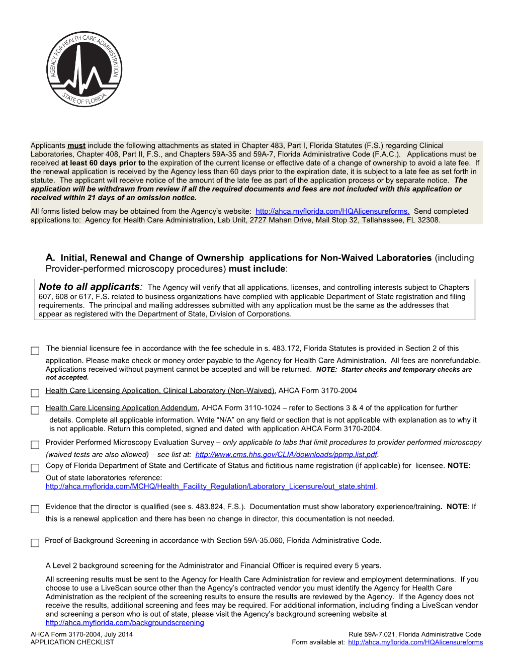 Health Care Licensing Application, Clinical Laboratory (Non-Waived), AHCA Form 3170-2004