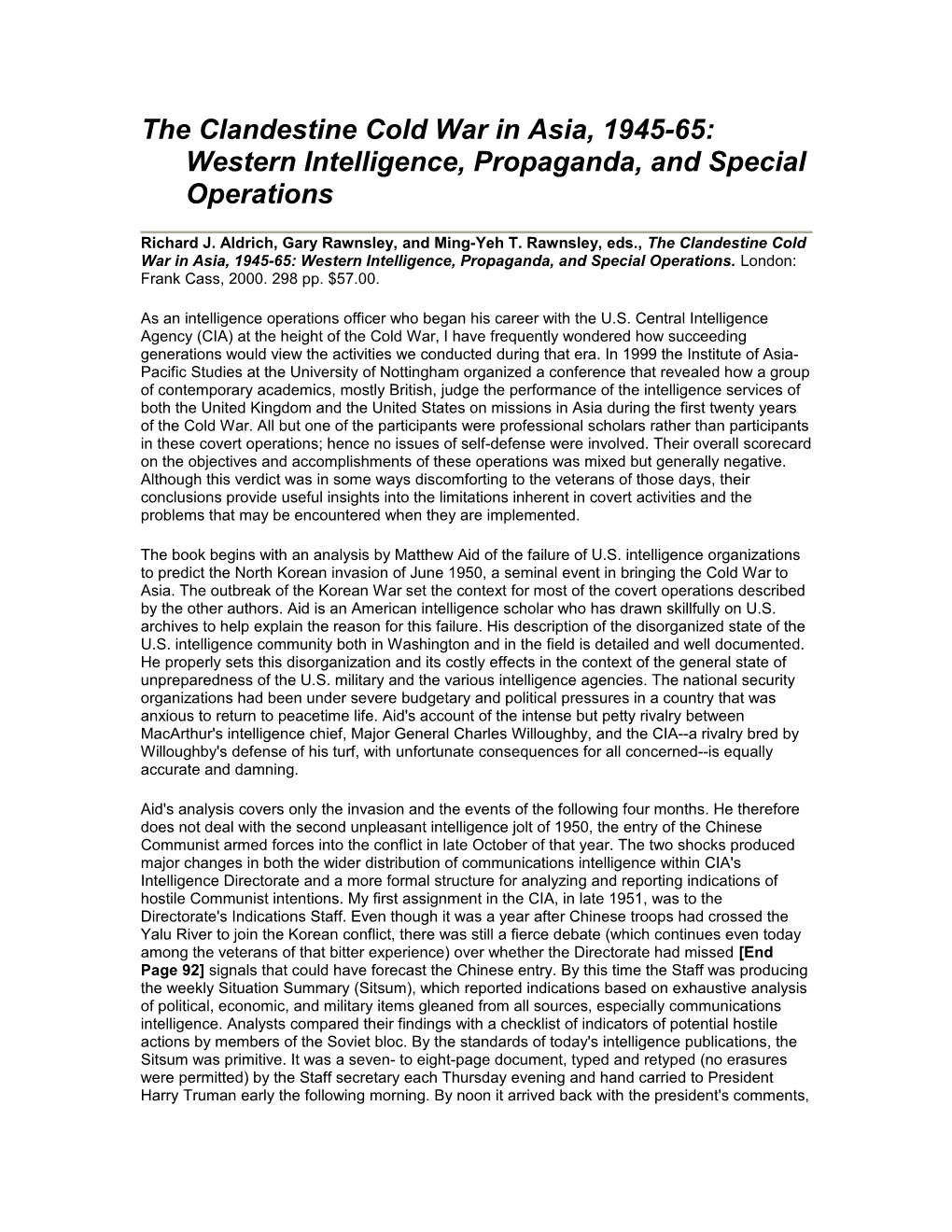 The Clandestine Cold War in Asia, 1945-65: Western Intelligence, Propaganda, and Special