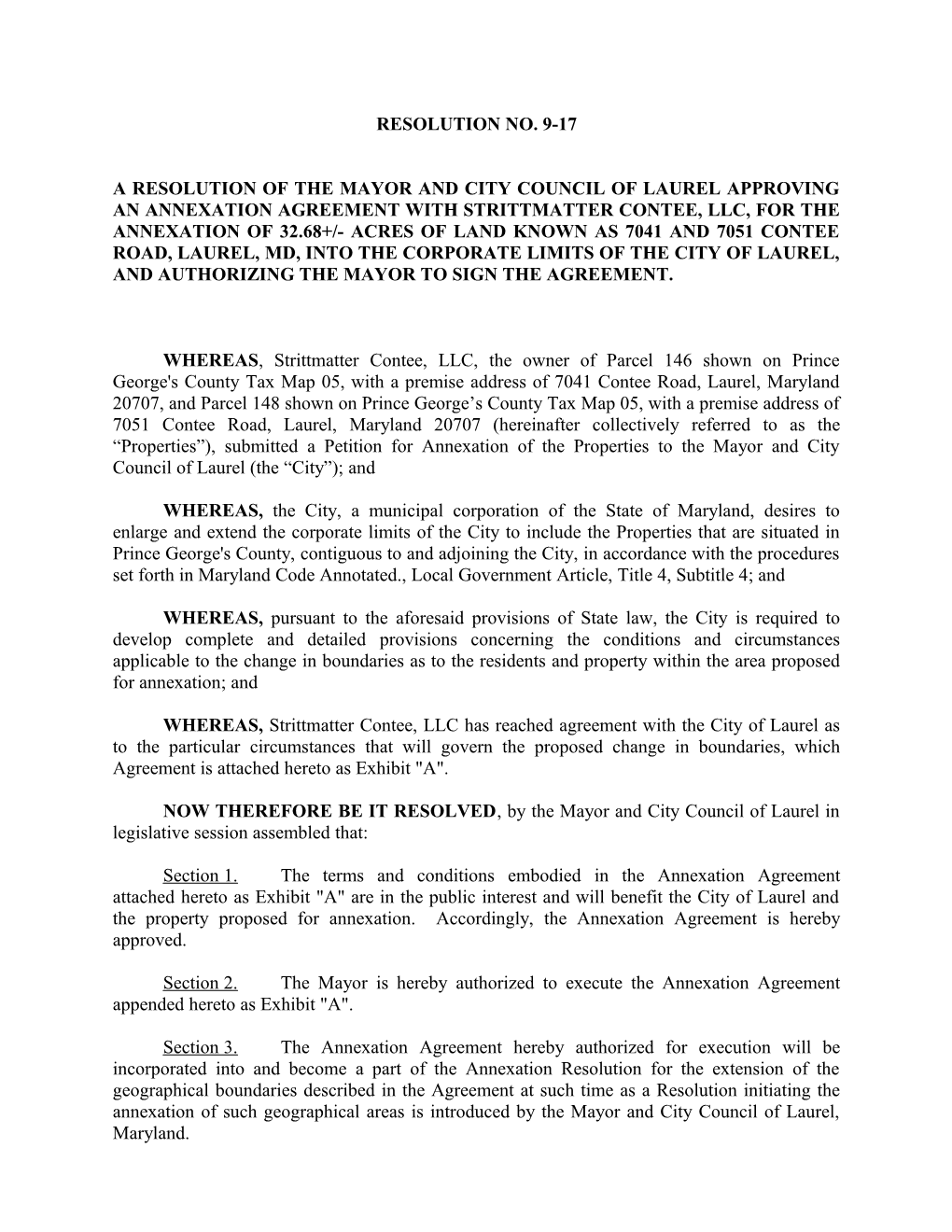A Resolution of the Mayor and City Council of Laurelapproving an Annexationagreement With
