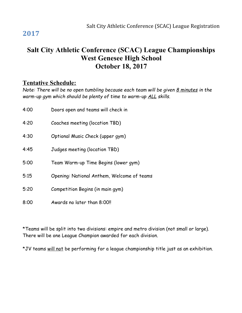 Salt City Athletic Conference (SCAC) League Registration