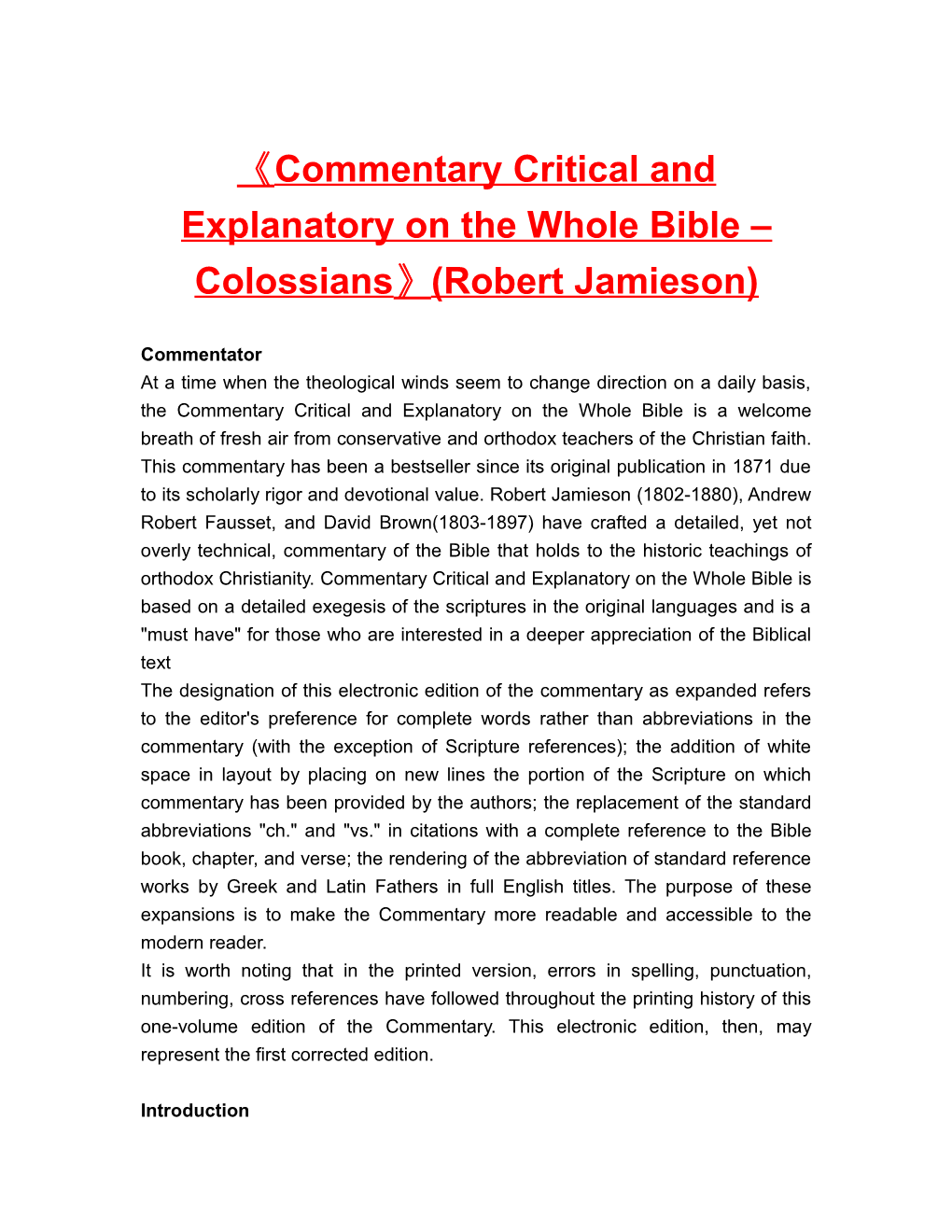 Commentary Critical and Explanatory on the Whole Bible Colossians (Robert Jamieson)