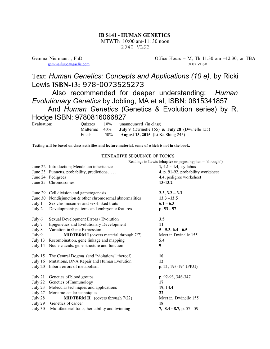 Ib S141 - Human Genetics