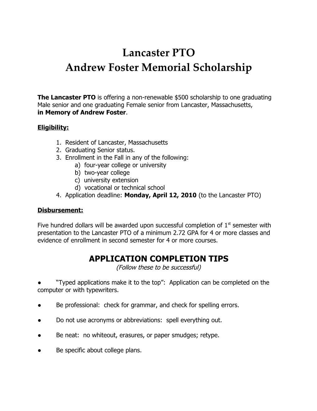 PTO Andrew Foster Scholarship