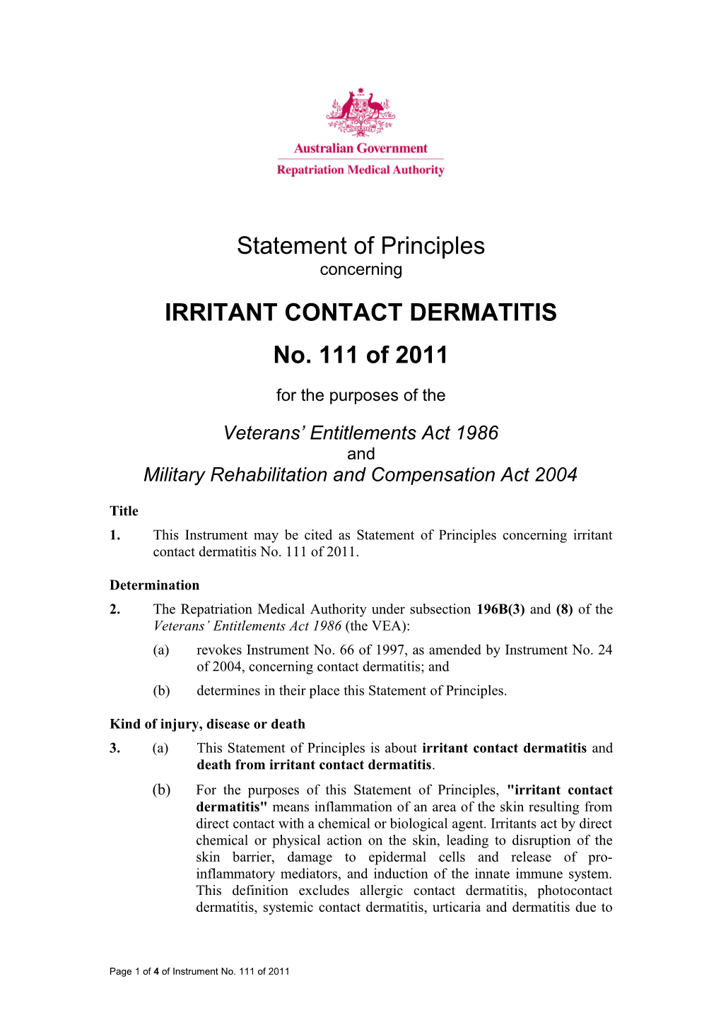 Statement of Principles 111 of 2011 Irritant Contact Dermatitis Balance of Probabilities