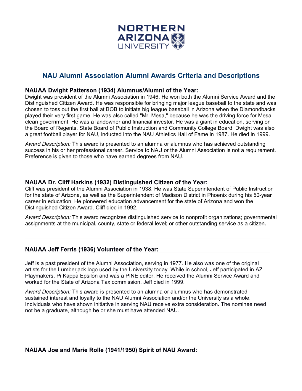 NAU Alumni Association Alumni Awards Criteria and Descriptions