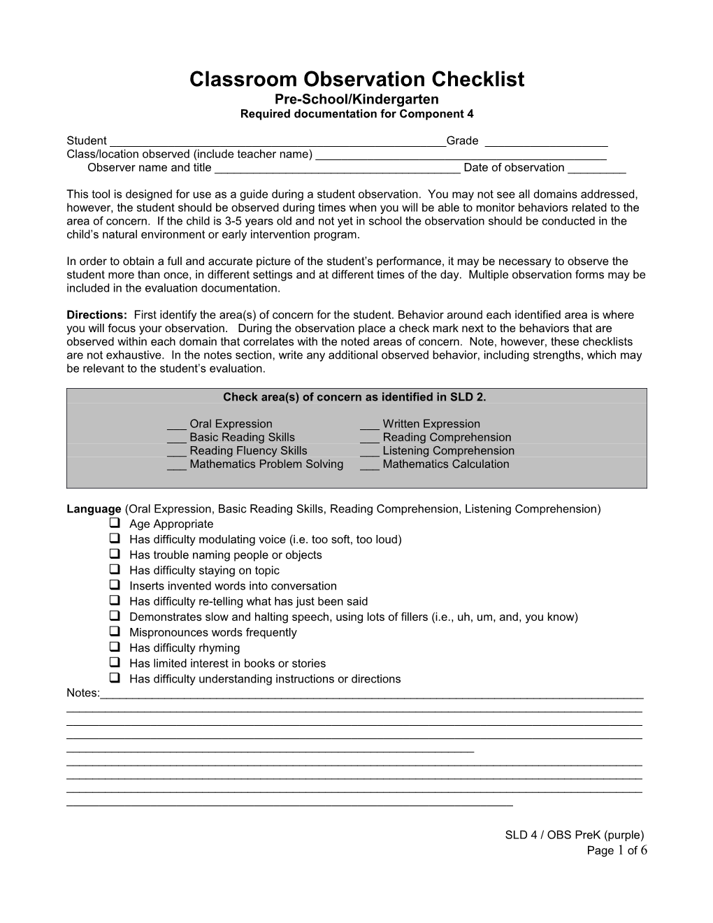 Observation Checklist Pre-School/Kindergarten (SLD4-OBS Pre-K)