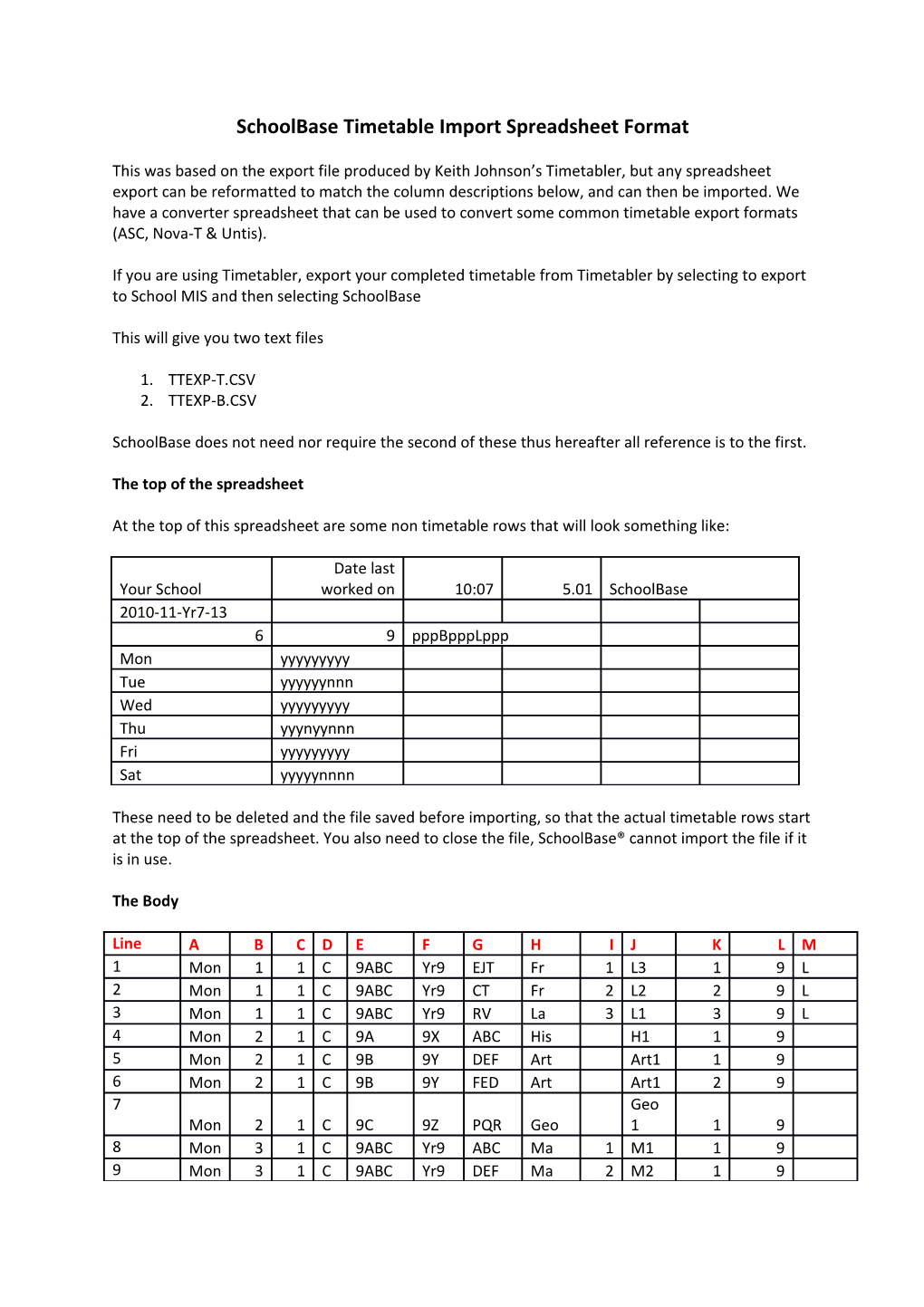 Schoolbase Timetable Import Spreadsheet Format