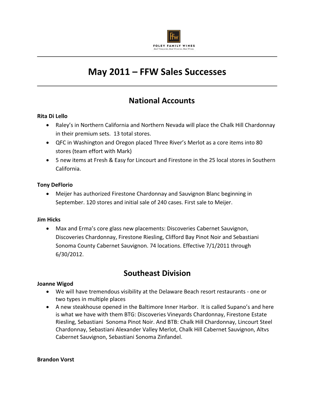 May 2011 FFW Sales Successes