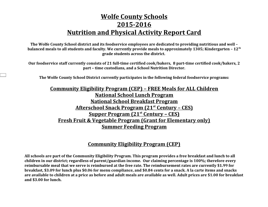 Nutrition and Physical Activity Report Card