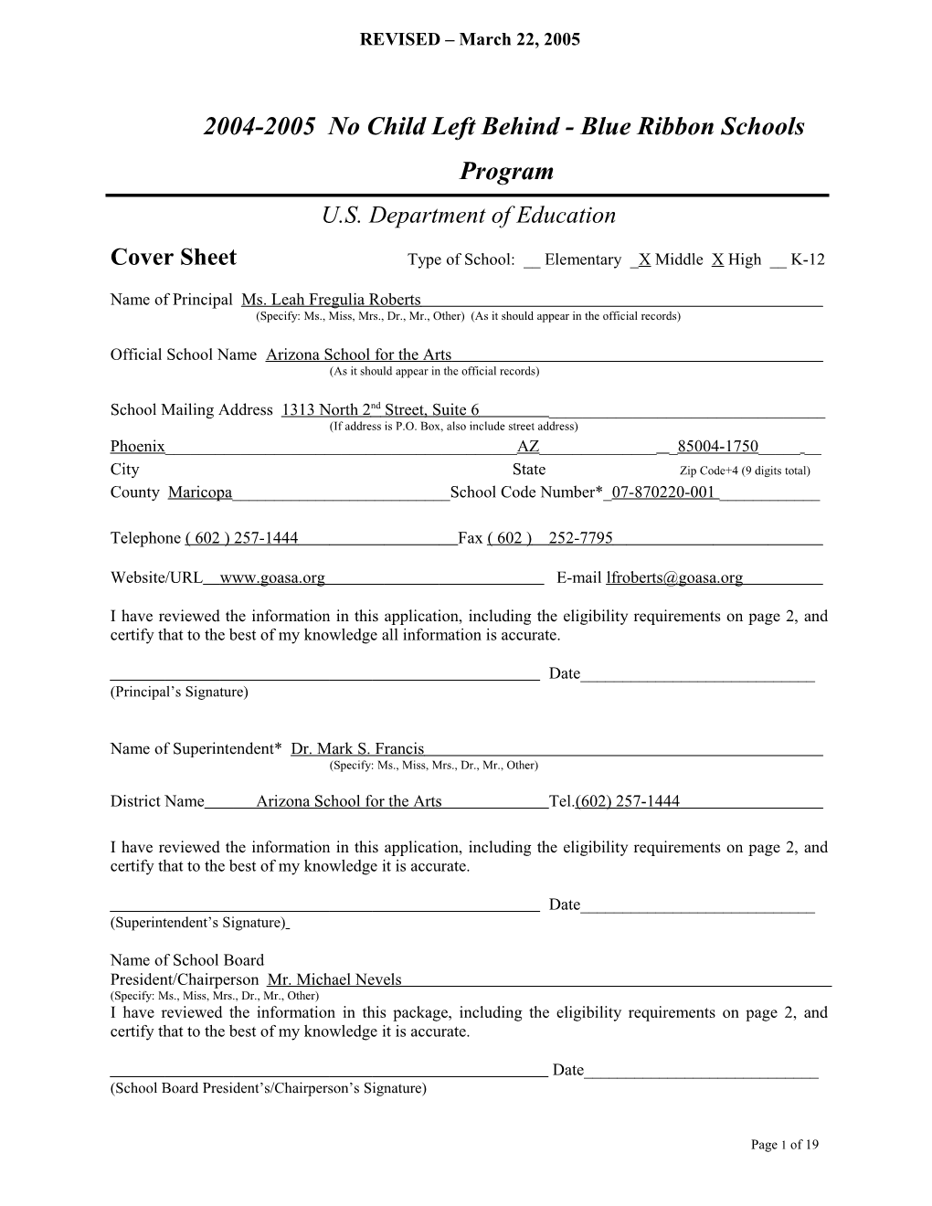 Arizona School for the Arts Application: 2004-2005, No Child Left Behind - Blue Ribbon