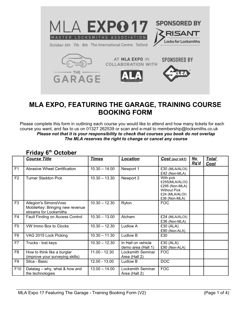Mla Expo, Featuring the Garage, Training Course Booking Form